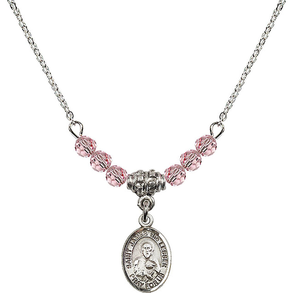 Sterling Silver Saint James the Lesser Birthstone Necklace with Light Rose Beads - 9277