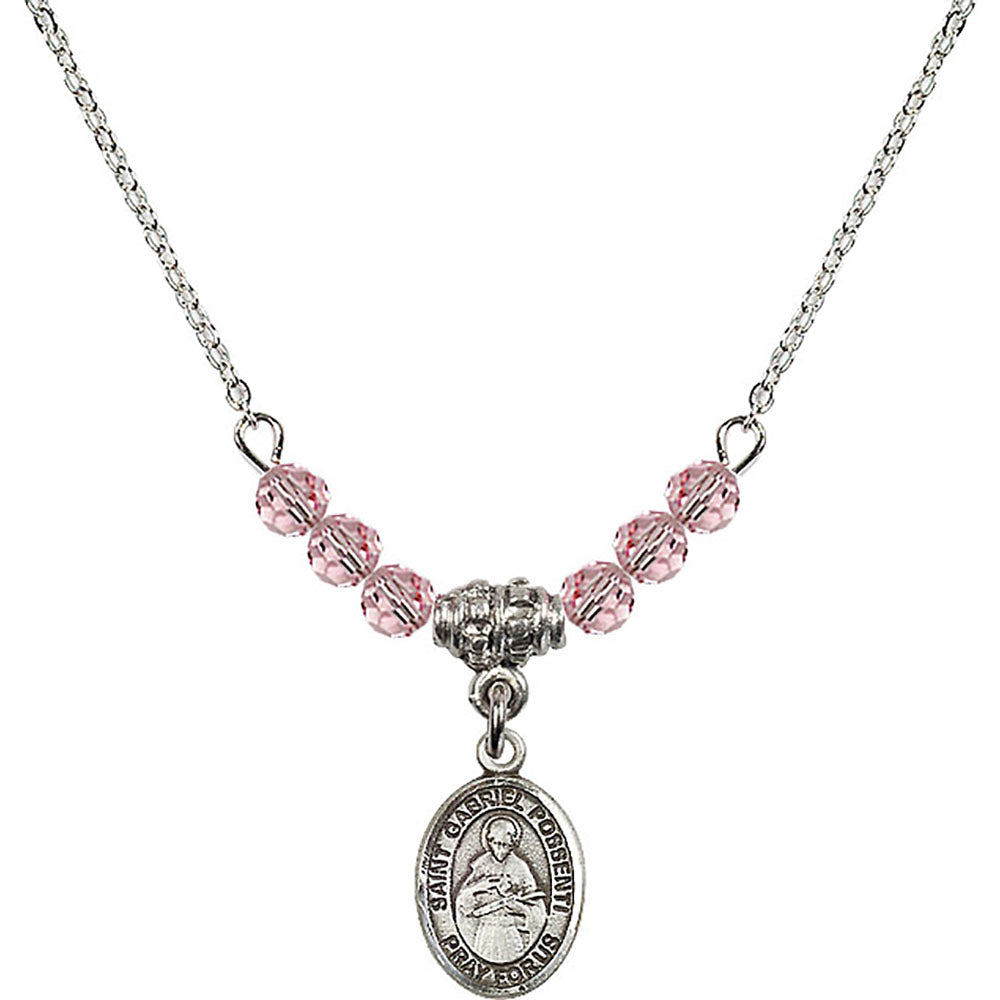 Sterling Silver Saint Gabriel Possenti Birthstone Necklace with Light Rose Beads - 9279