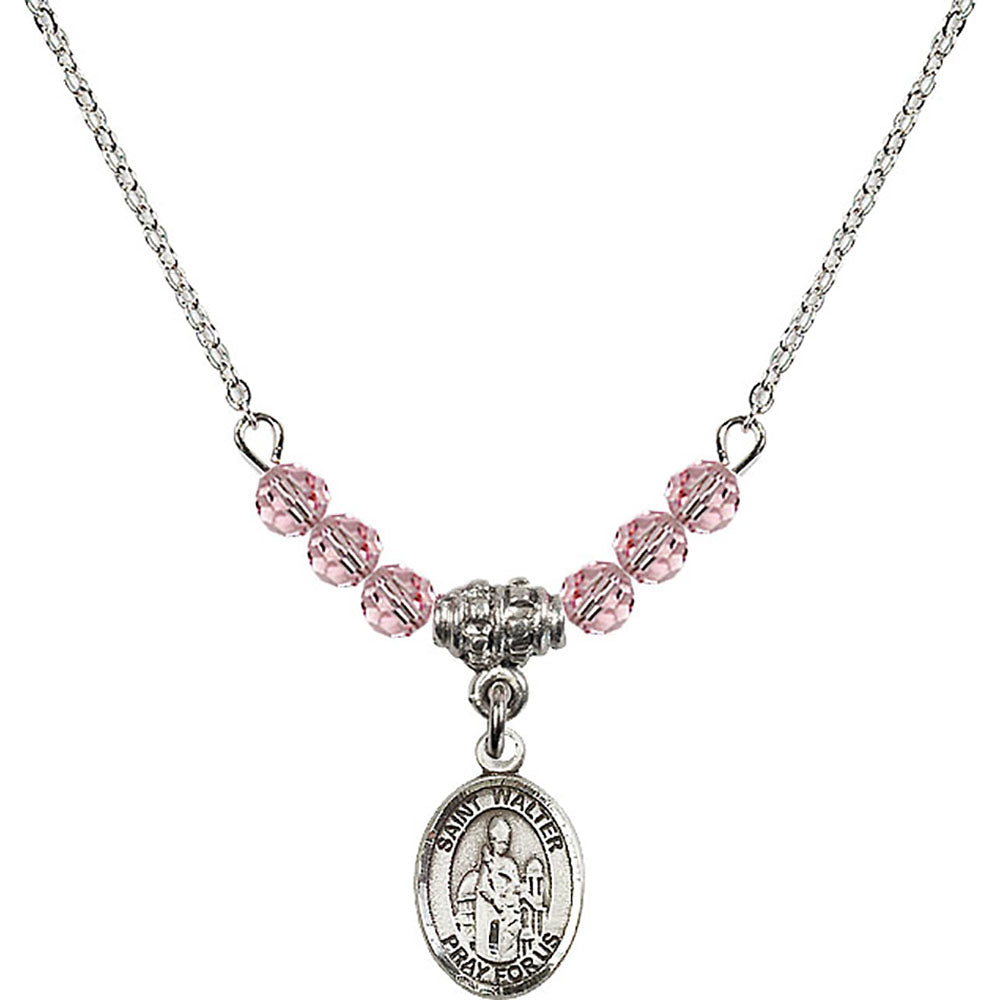 Sterling Silver Saint Walter of Pontoise Birthstone Necklace with Light Rose Beads - 9285
