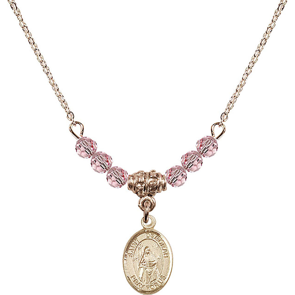 14kt Gold Filled Saint Deborah Birthstone Necklace with Light Rose Beads - 9286