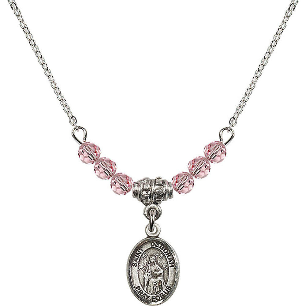 Sterling Silver Saint Deborah Birthstone Necklace with Light Rose Beads - 9286