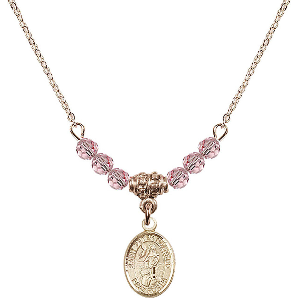 14kt Gold Filled Saint Peter Nolasco Birthstone Necklace with Light Rose Beads - 9291