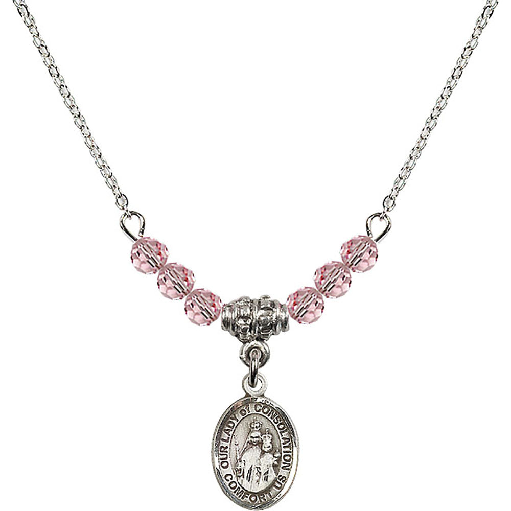 Sterling Silver Our Lady of Consolation Birthstone Necklace with Light Rose Beads - 9292