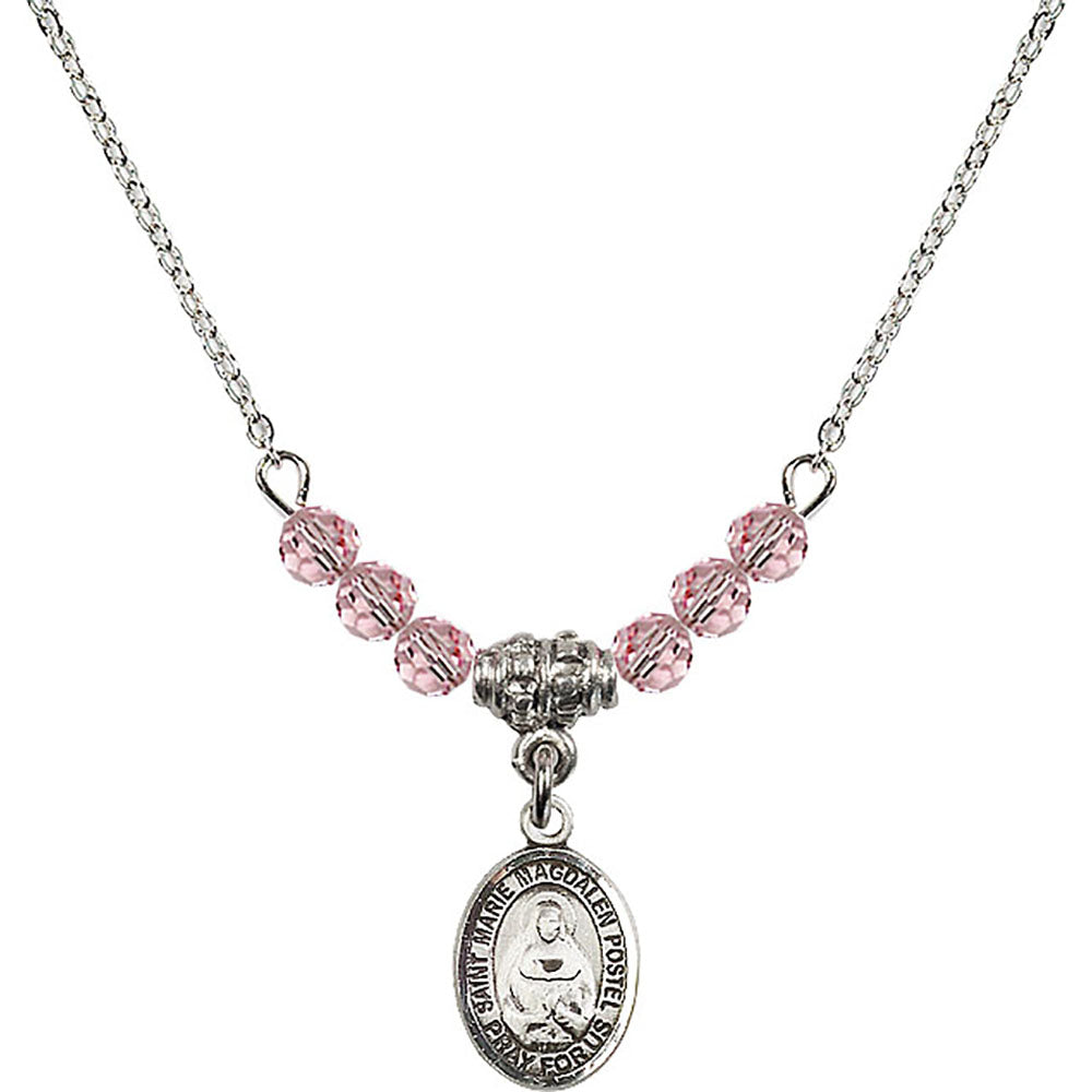 Sterling Silver Saint Marie Magdalen Postel Birthstone Necklace with Light Rose Beads - 9294