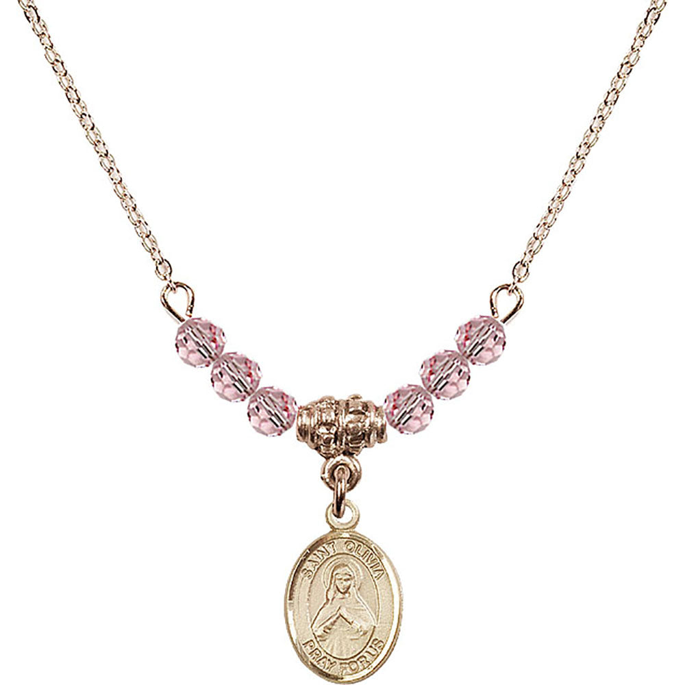 14kt Gold Filled Saint Olivia Birthstone Necklace with Light Rose Beads - 9312