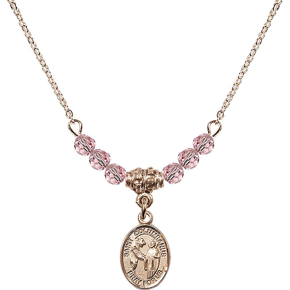 14kt Gold Filled Saint Columbanus Birthstone Necklace with Light Rose Beads - 9321