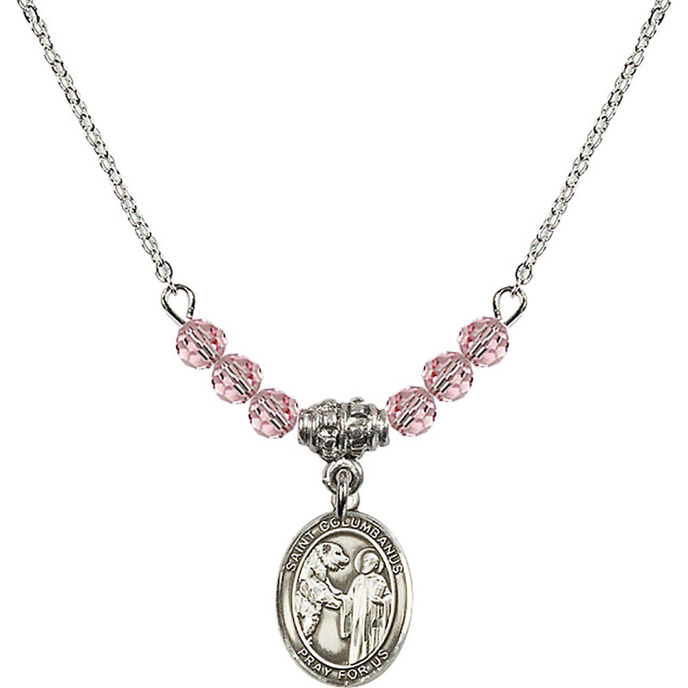 Sterling Silver Saint Columbanus Birthstone Necklace with Light Rose Beads - 9321