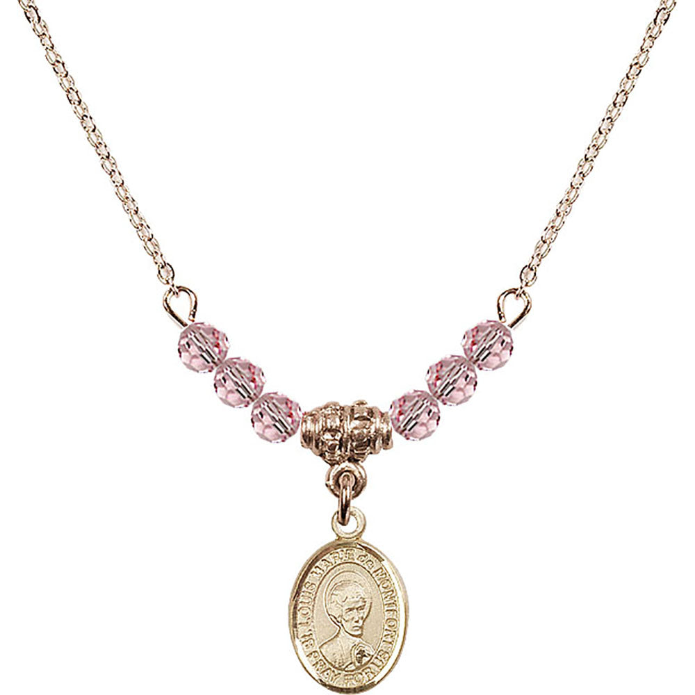 14kt Gold Filled Saint Louis Marie de Montfort Birthstone Necklace with Light Rose Beads - 9330