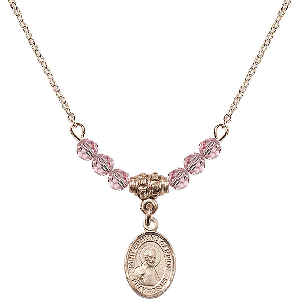 14kt Gold Filled Saint Edmund Campion Birthstone Necklace with Light Rose Beads - 9333