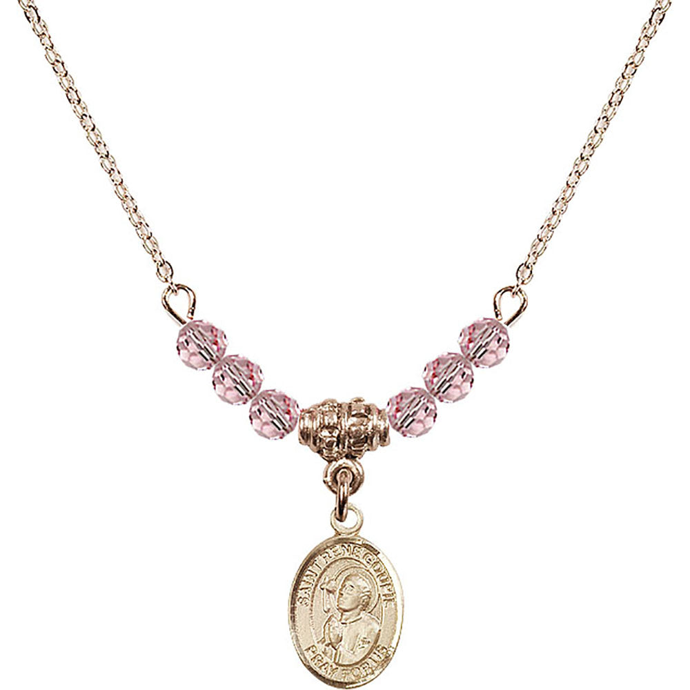 14kt Gold Filled Saint Rene Goupil Birthstone Necklace with Light Rose Beads - 9334