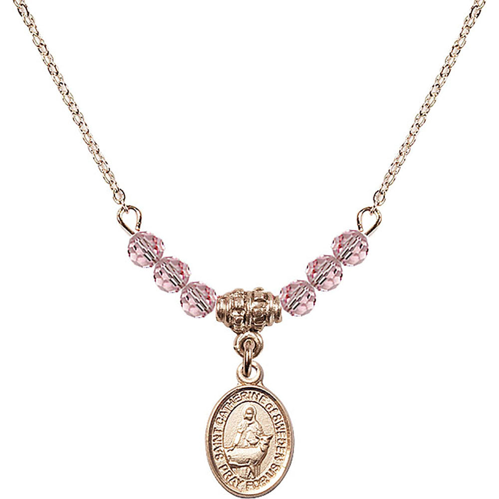 14kt Gold Filled Saint Catherine of Sweden Birthstone Necklace with Light Rose Beads - 9336