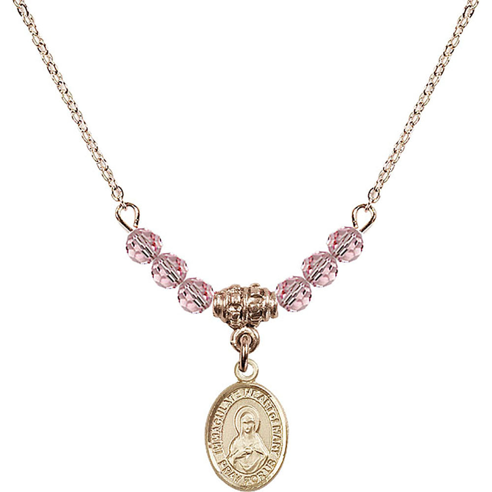 14kt Gold Filled Immaculate Heart of Mary Birthstone Necklace with Light Rose Beads - 9337