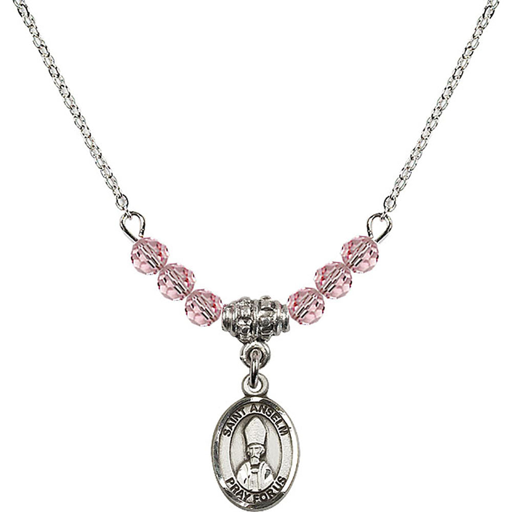Sterling Silver Saint Anselm of Canterbury Birthstone Necklace with Light Rose Beads - 9342