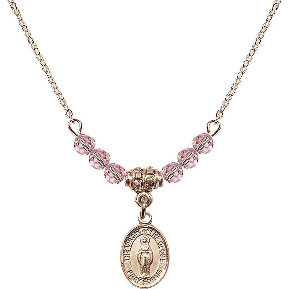 14kt Gold Filled Virgin of the Globe Birthstone Necklace with Light Rose Beads - 9345