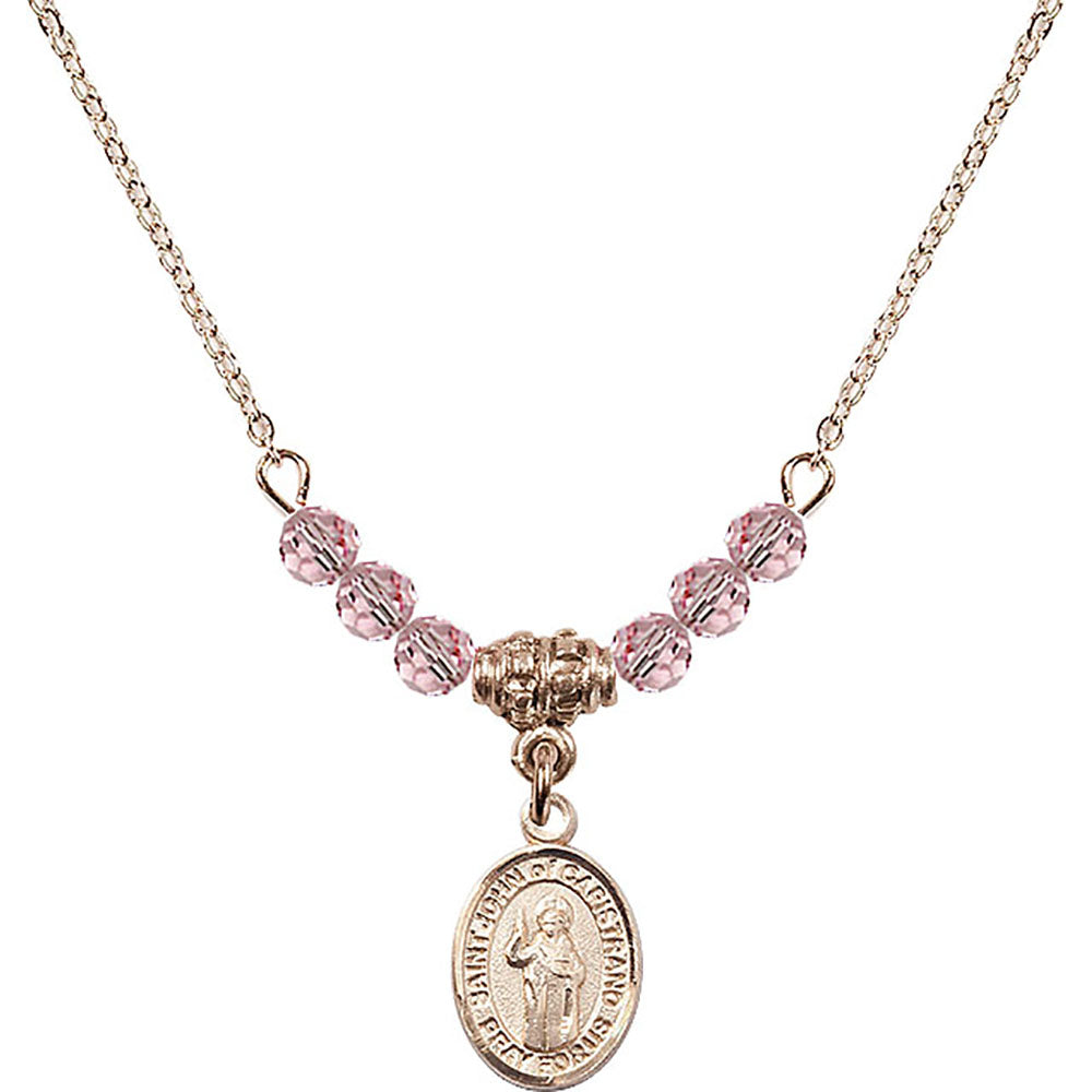 14kt Gold Filled Saint John of Capistrano Birthstone Necklace with Light Rose Beads - 9350