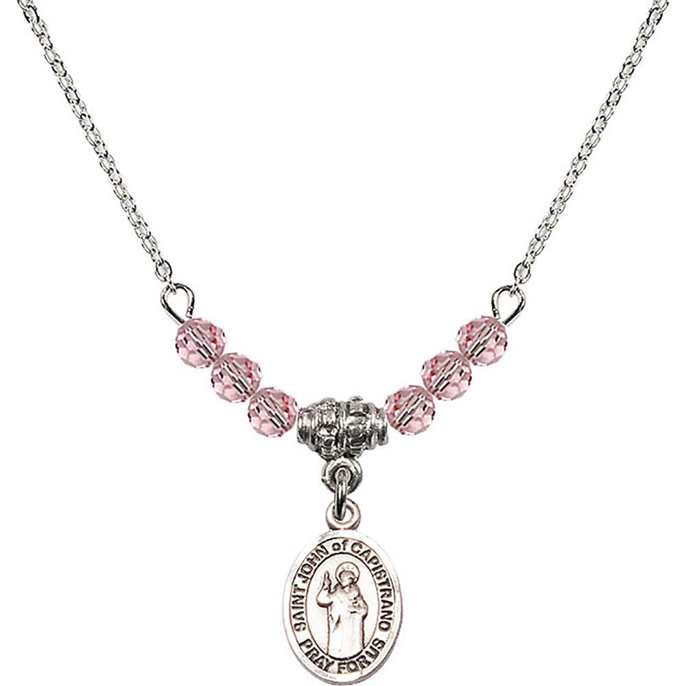 Sterling Silver Saint John of Capistrano Birthstone Necklace with Light Rose Beads - 9350