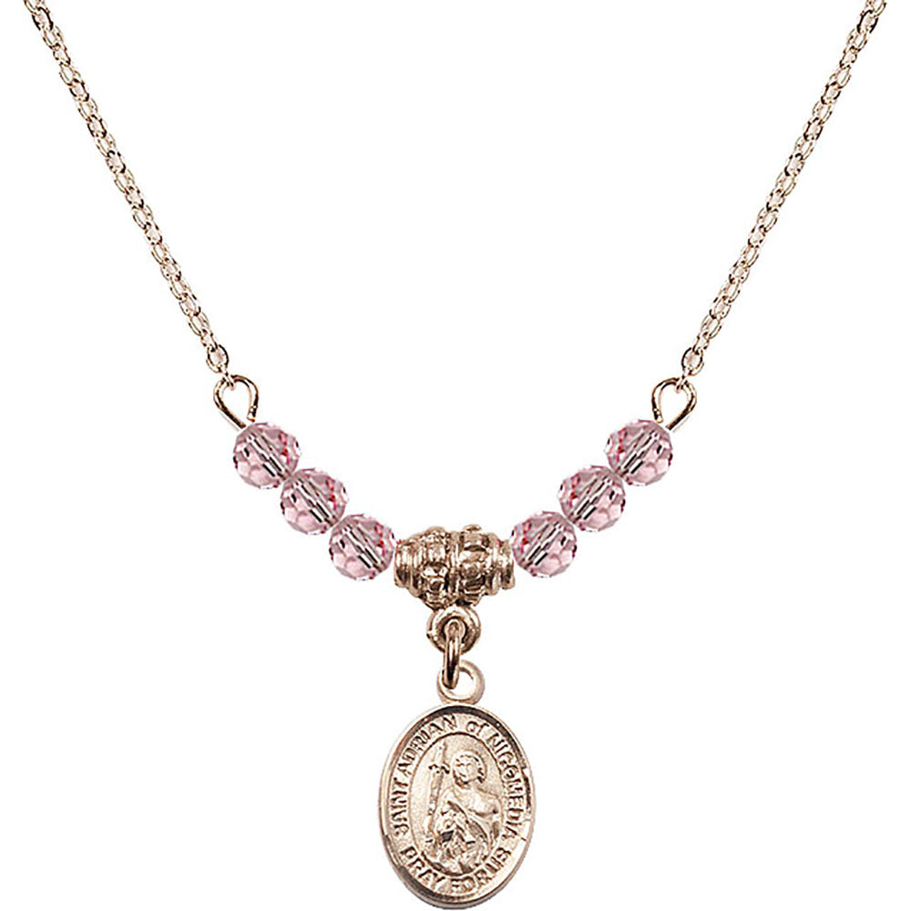 14kt Gold Filled Saint Adrian of Nicomedia Birthstone Necklace with Light Rose Beads - 9353