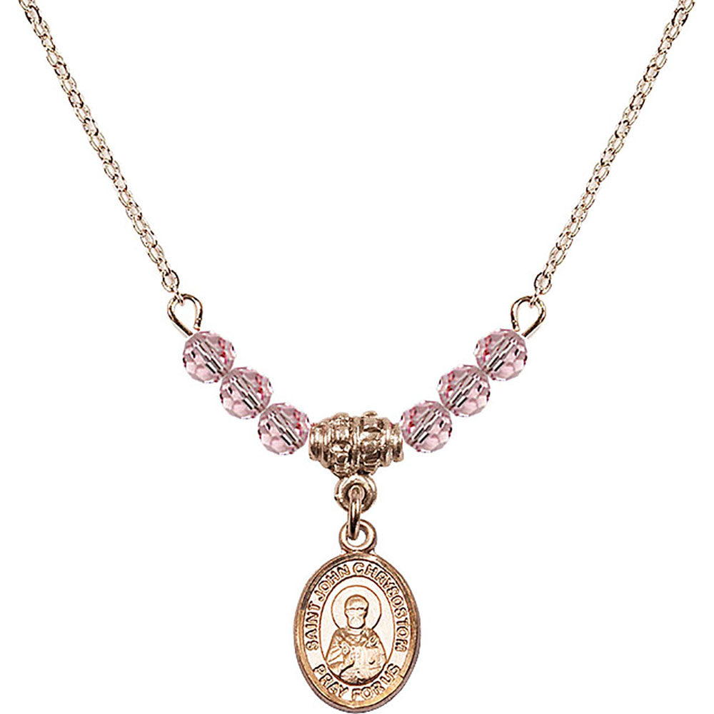 14kt Gold Filled Saint John Chrysostom Birthstone Necklace with Light Rose Beads - 9357
