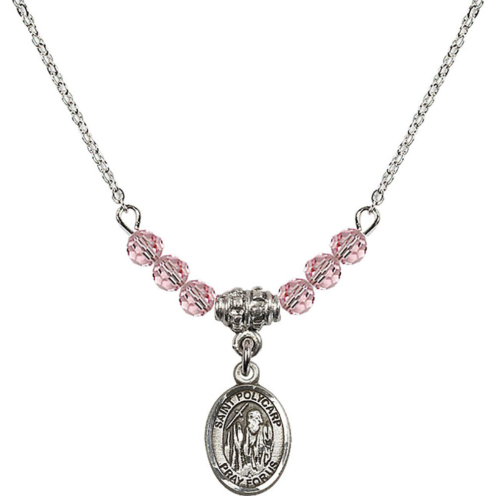 Sterling Silver Saint Polycarp of Smyrna Birthstone Necklace with Light Rose Beads - 9363