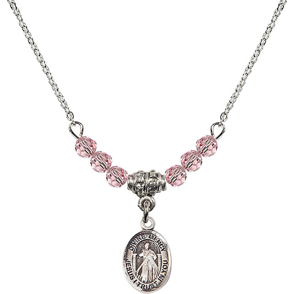 Sterling Silver Divine Mercy Birthstone Necklace with Light Rose Beads - 9366