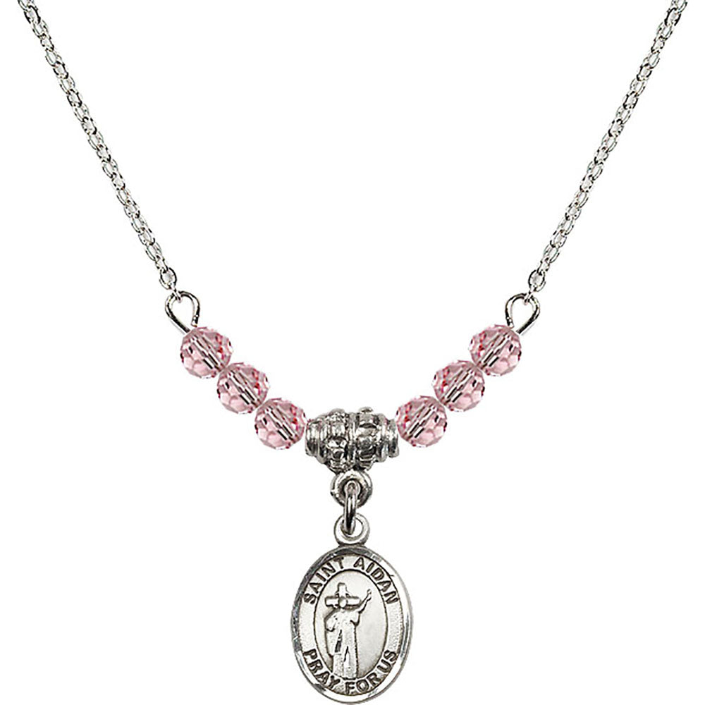 Sterling Silver Saint Aidan of Lindesfarne Birthstone Necklace with Light Rose Beads - 9381
