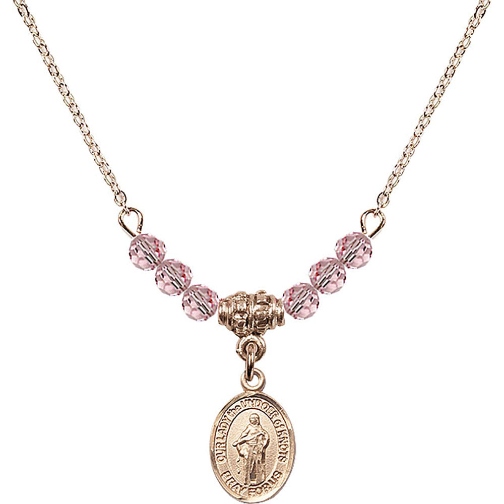14kt Gold Filled Our Lady the Undoer of Knots Birthstone Necklace with Light Rose Beads - 9383