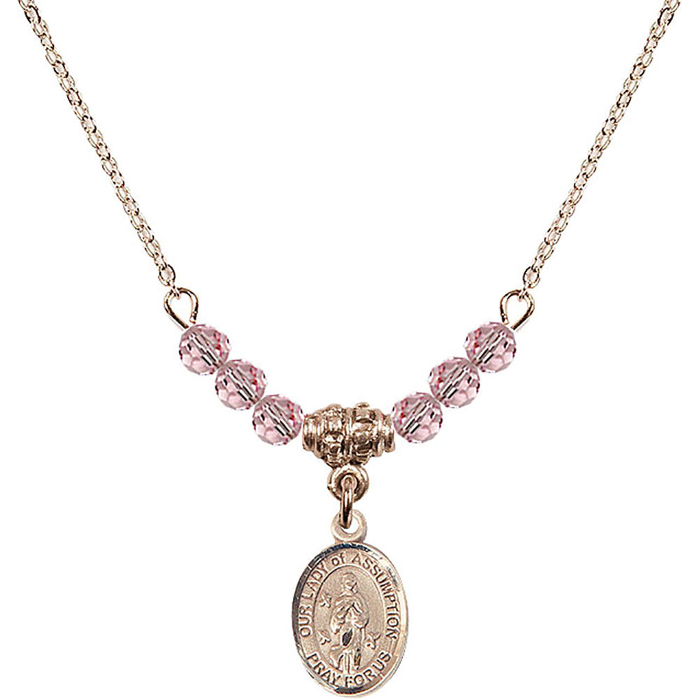 14kt Gold Filled Our Lady of Assumption Birthstone Necklace with Light Rose Beads - 9388