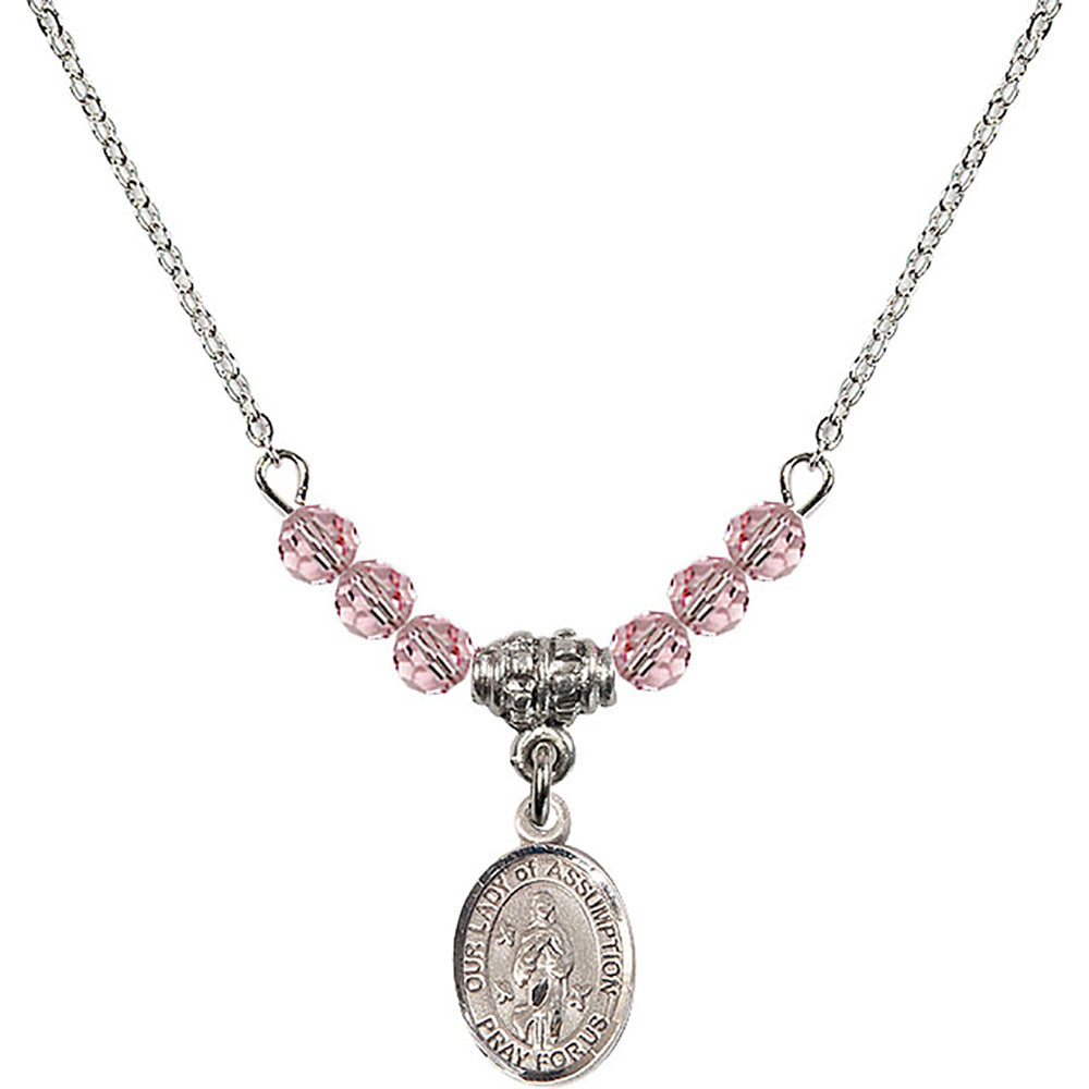 Sterling Silver Our Lady of Assumption Birthstone Necklace with Light Rose Beads - 9388