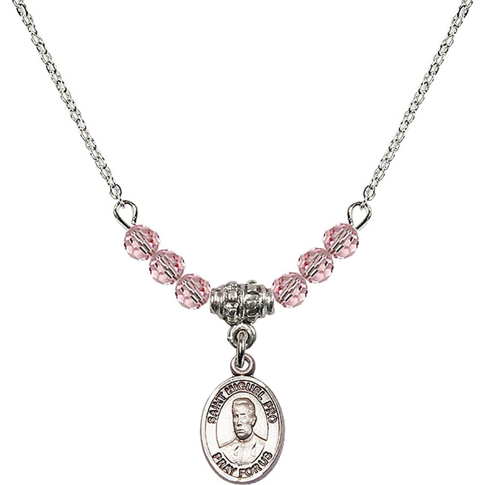 Sterling Silver Blessed Miguel Pro Birthstone Necklace with Light Rose Beads - 9389
