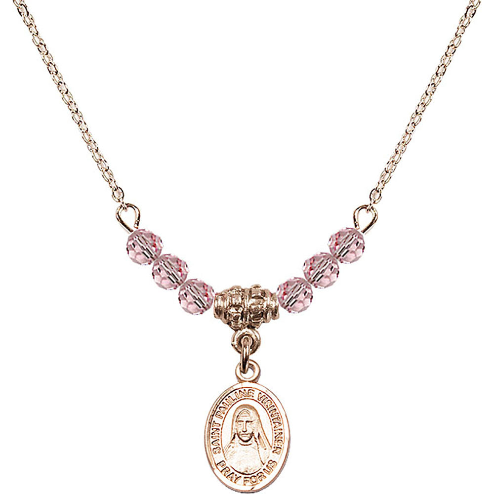 14kt Gold Filled Saint Pauline Visintainer Birthstone Necklace with Light Rose Beads - 9391