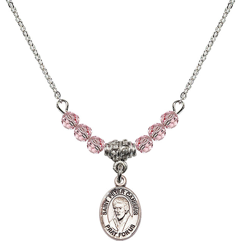Sterling Silver Saint Peter Canisius Birthstone Necklace with Light Rose Beads - 9393