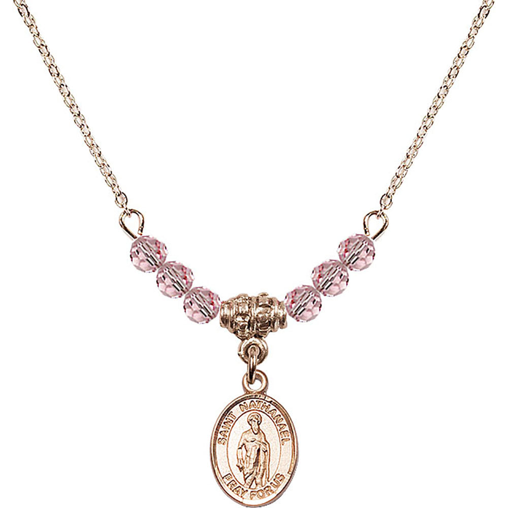 14kt Gold Filled Saint Nathanael Birthstone Necklace with Light Rose Beads - 9398