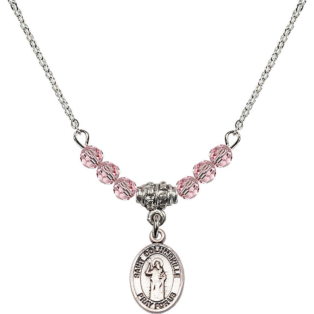 Sterling Silver Saint Columbkille Birthstone Necklace with Light Rose Beads - 9399