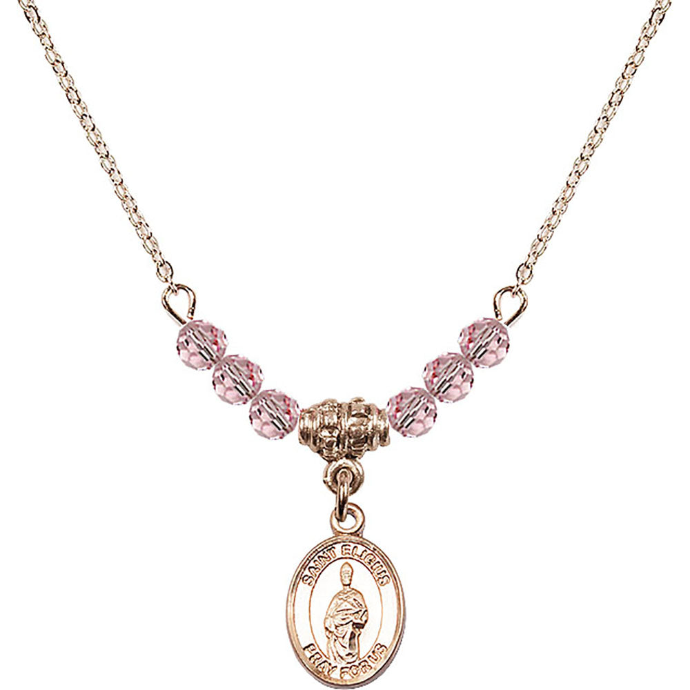 14kt Gold Filled Saint Eligius Birthstone Necklace with Light Rose Beads - 9402