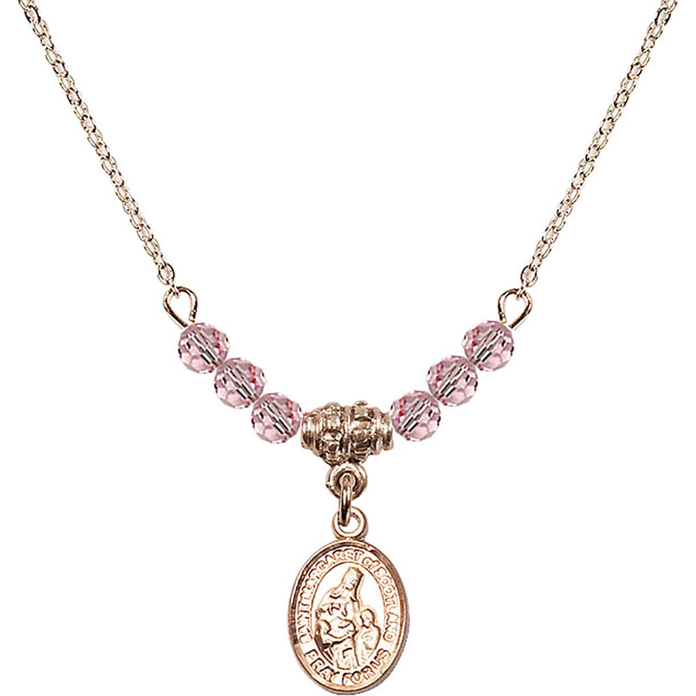 14kt Gold Filled Saint Margaret of Scotland Birthstone Necklace with Light Rose Beads - 9407