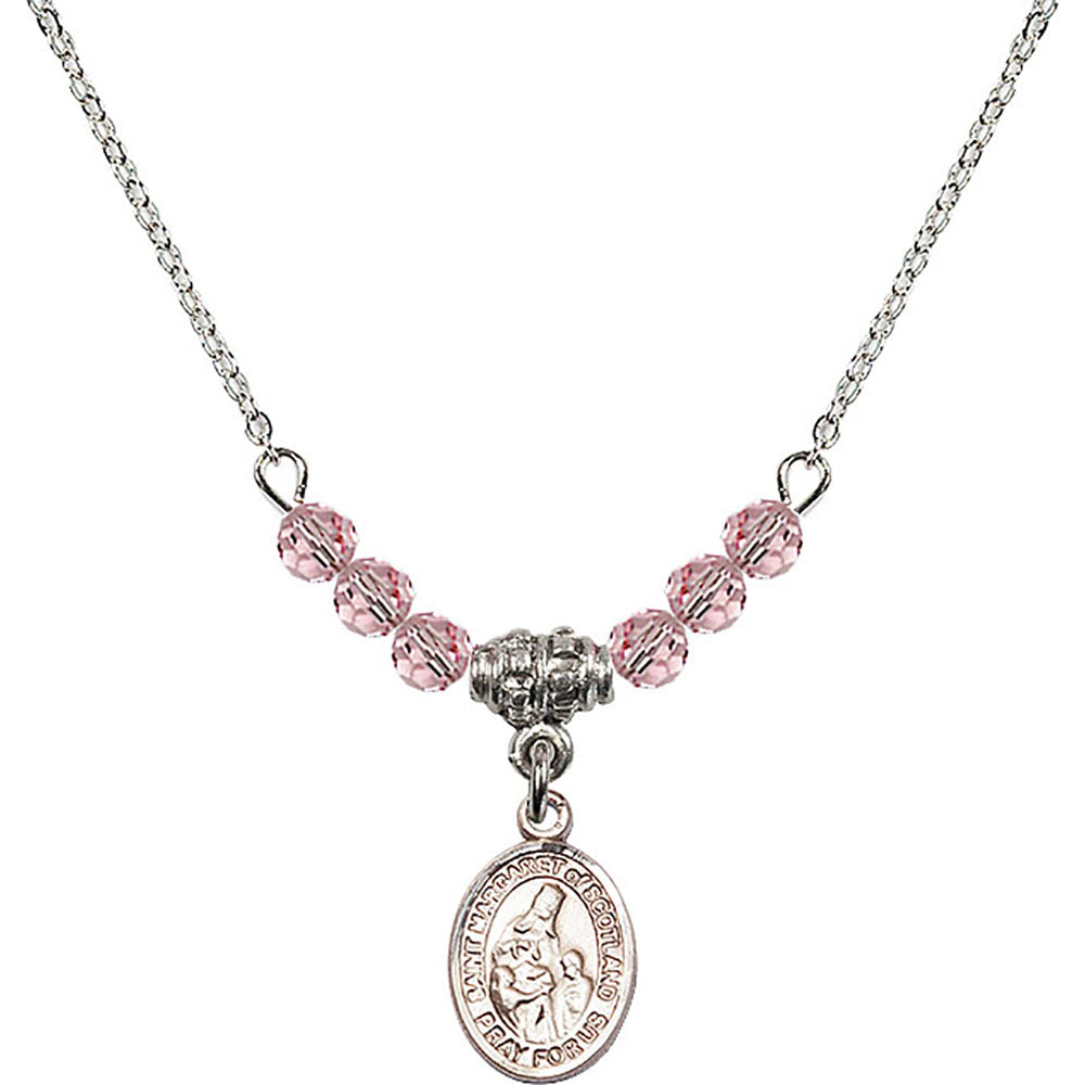Sterling Silver Saint Margaret of Scotland Birthstone Necklace with Light Rose Beads - 9407