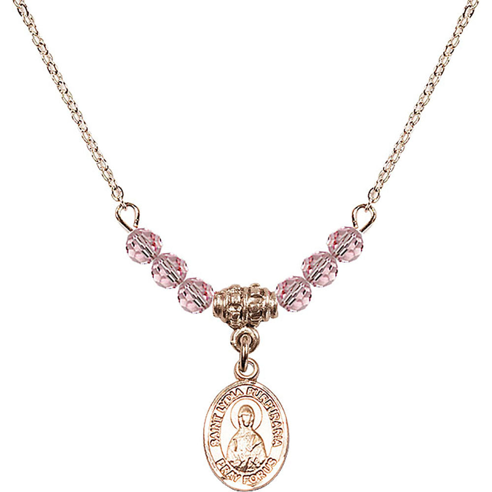14kt Gold Filled Saint Lydia Purpuraria Birthstone Necklace with Light Rose Beads - 9411