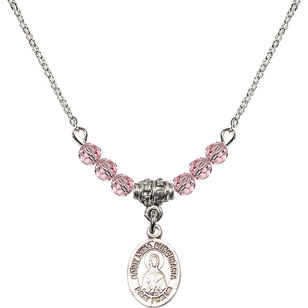 Sterling Silver Saint Lydia Purpuraria Birthstone Necklace with Light Rose Beads - 9411