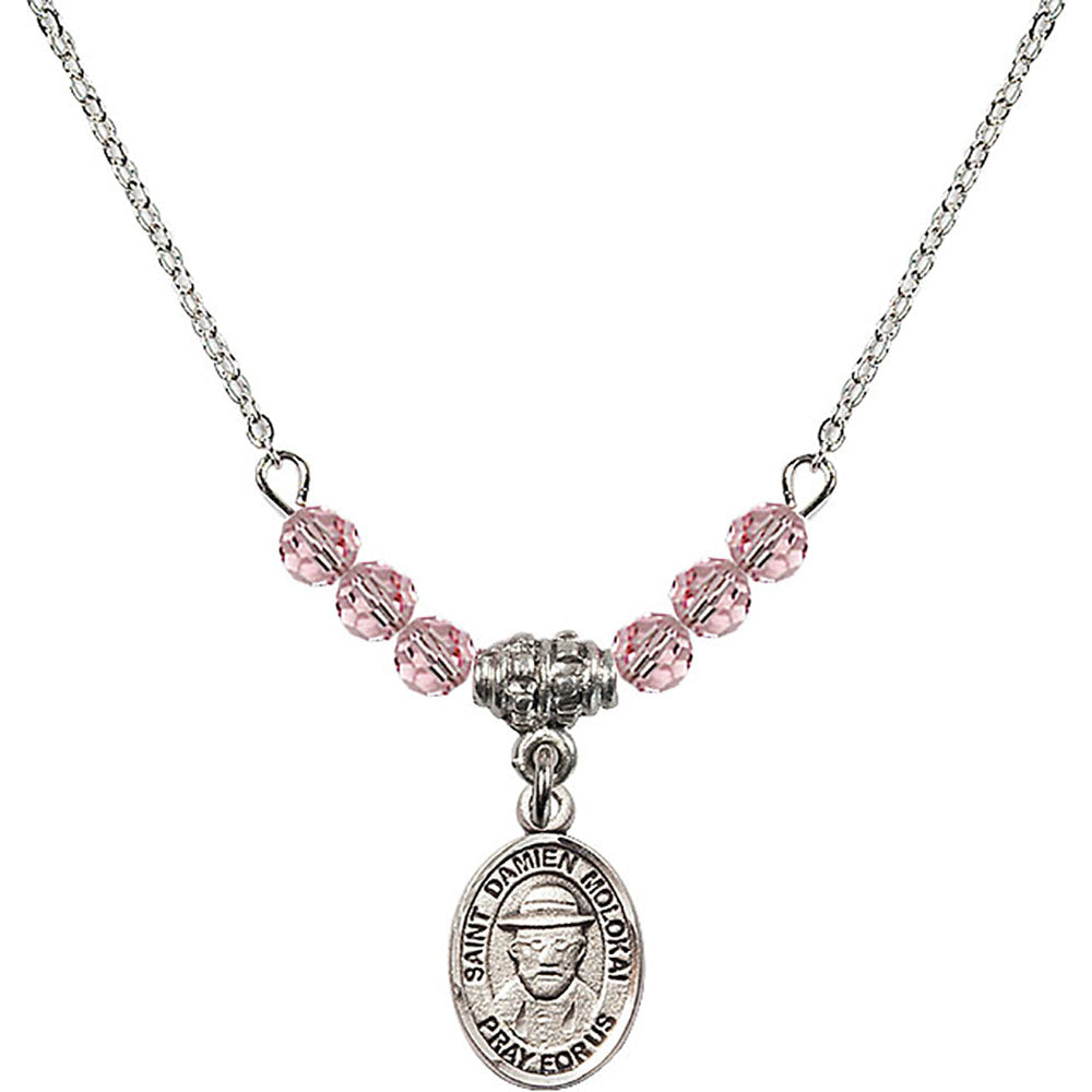 Sterling Silver Saint Damien of Molokai Birthstone Necklace with Light Rose Beads - 9412