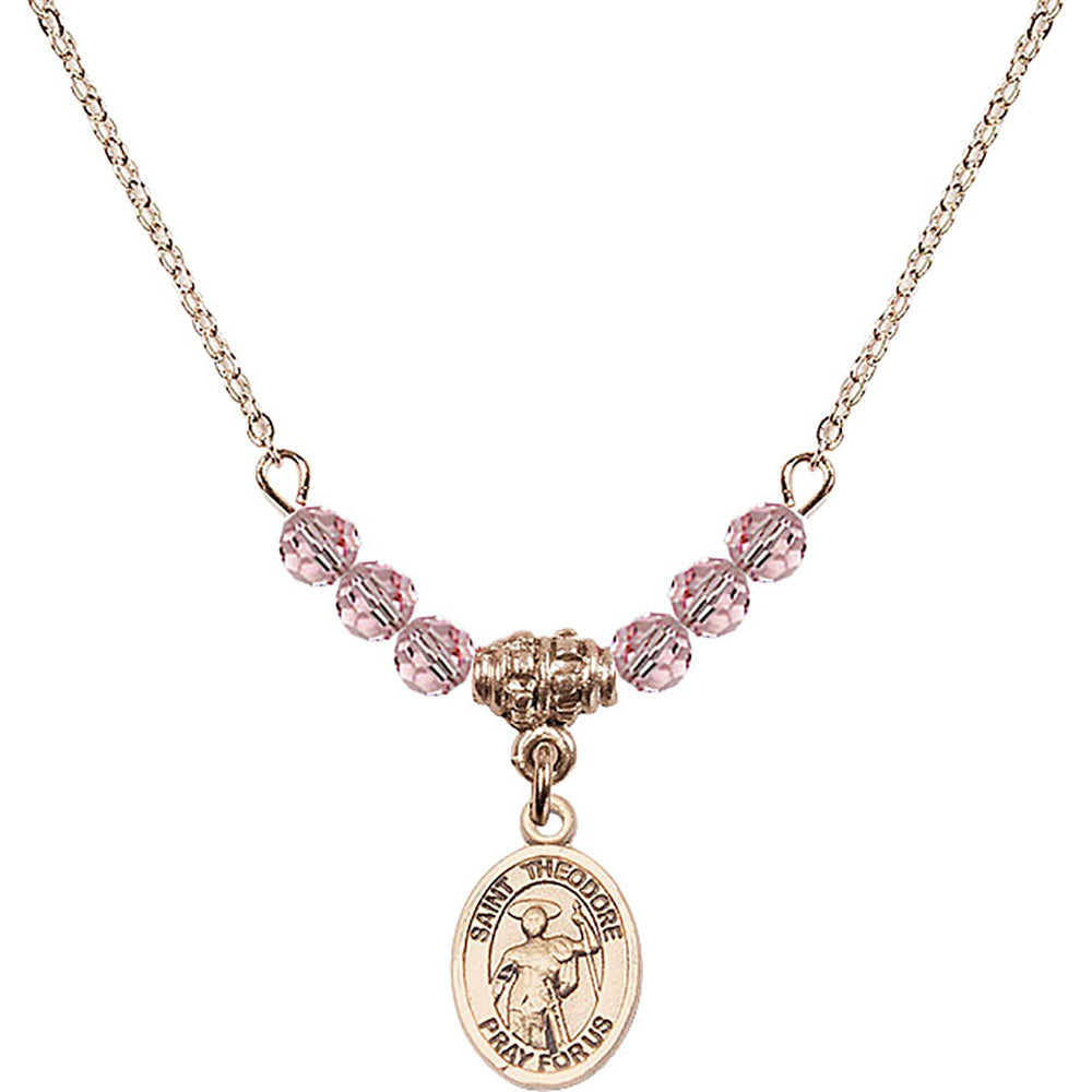 14kt Gold Filled Saint Theodore Stratelates Birthstone Necklace with Light Rose Beads - 9415