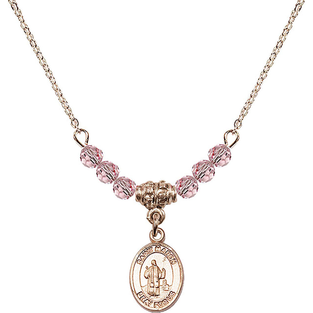 14kt Gold Filled Saint Maron Birthstone Necklace with Light Rose Beads - 9417