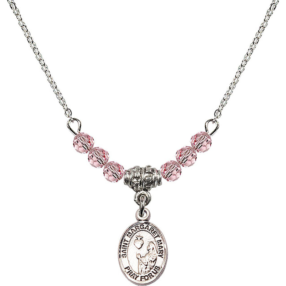 Sterling Silver Saint Margaret Mary Alacoque Birthstone Necklace with Light Rose Beads - 9420