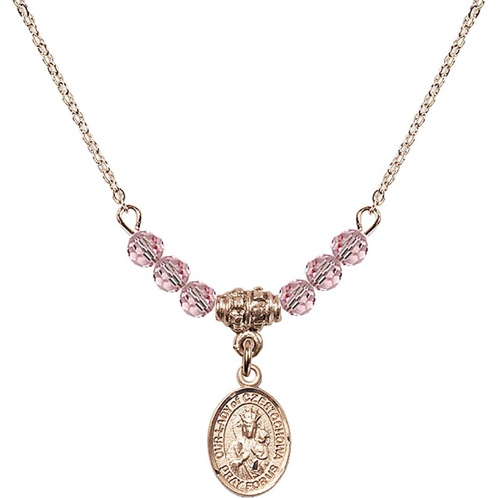 14kt Gold Filled Our Lady of Czestochowa Birthstone Necklace with Light Rose Beads - 9421