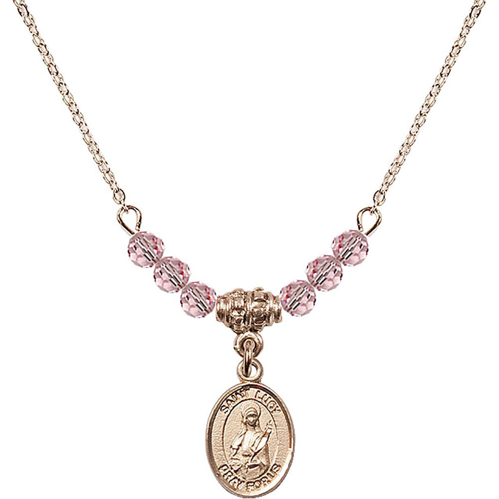 14kt Gold Filled Saint Lucy Birthstone Necklace with Light Rose Beads - 9422
