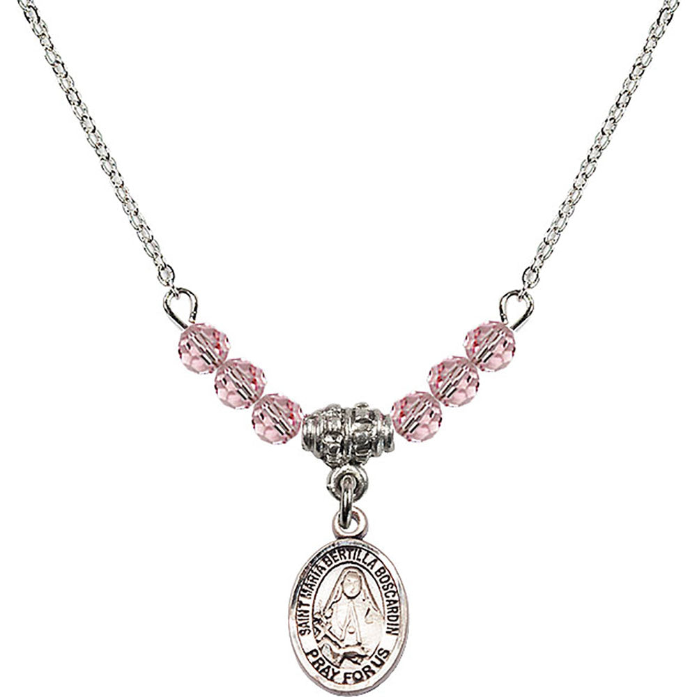 Sterling Silver Saint Maria Bertilla Boscardin Birthstone Necklace with Light Rose Beads - 9428