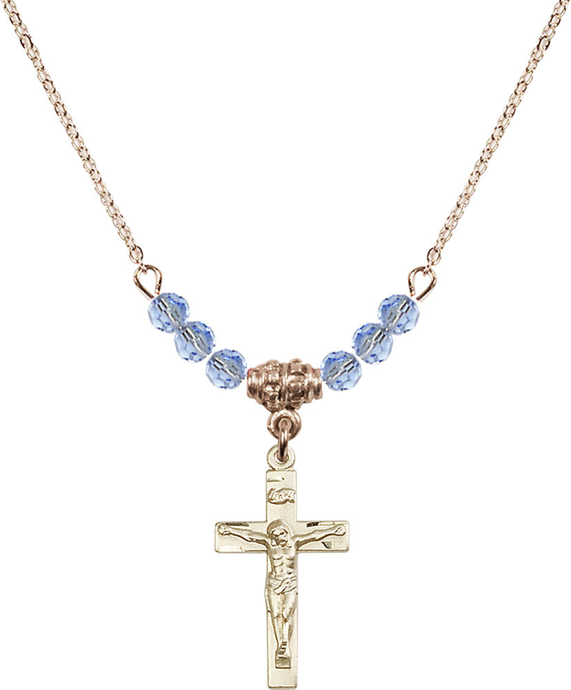 14kt Gold Filled Crucifix Birthstone Necklace with Light Sapphire Beads - 0001