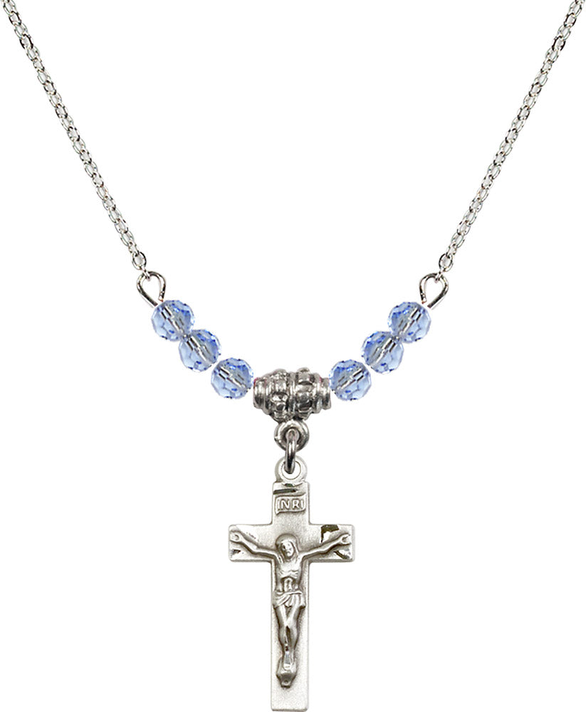 Sterling Silver Crucifix Birthstone Necklace with Light Sapphire Beads - 0006
