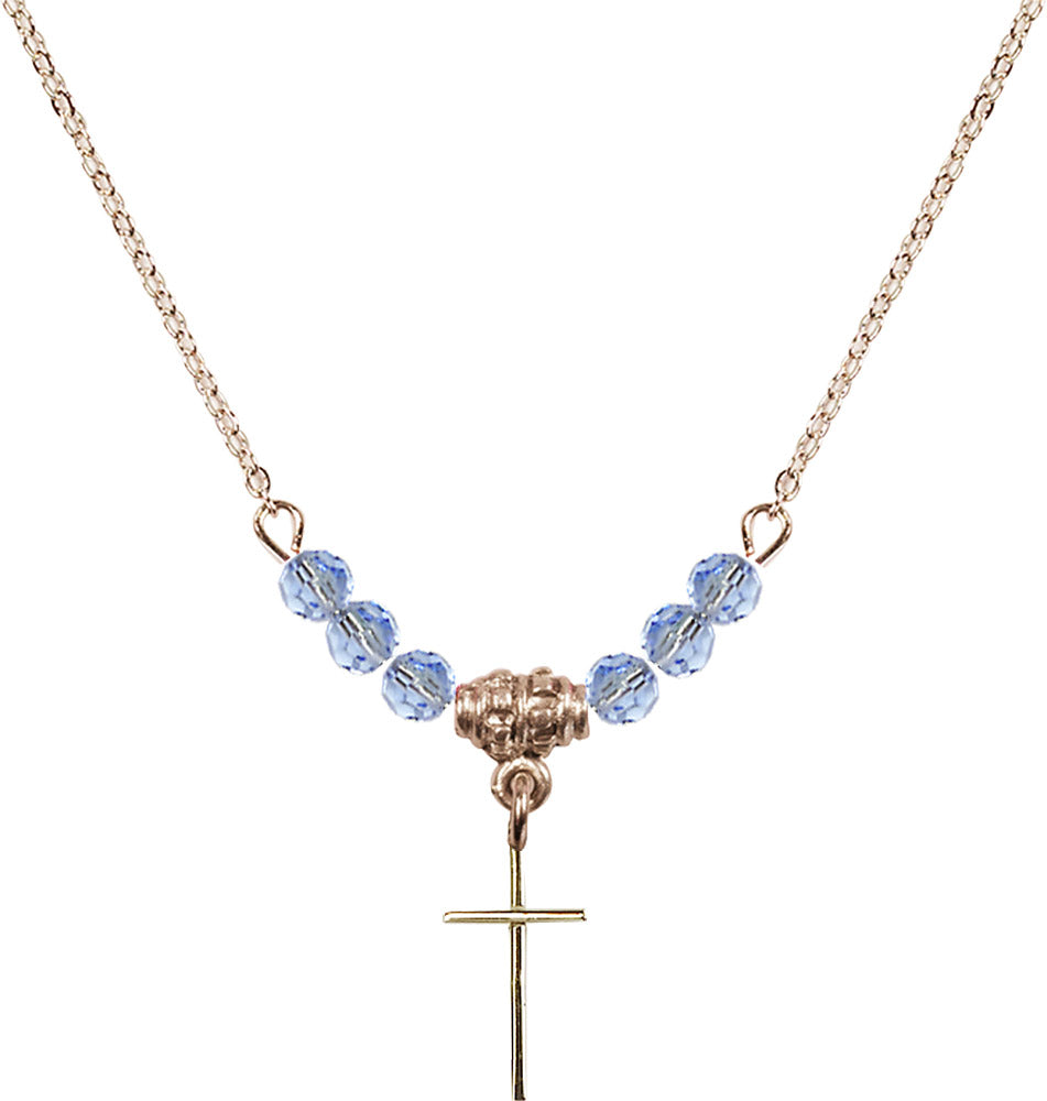 14kt Gold Filled Cross Birthstone Necklace with Light Sapphire Beads - 0014