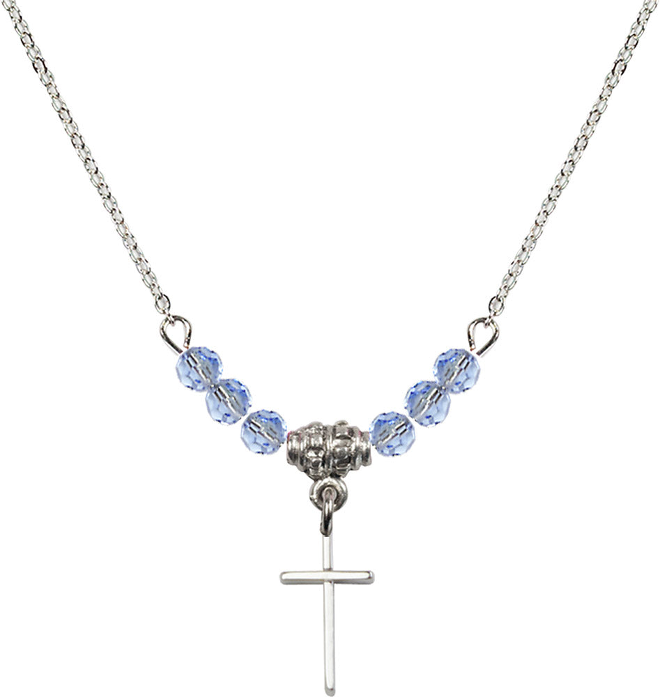 Sterling Silver Cross Birthstone Necklace with Light Sapphire Beads - 0014