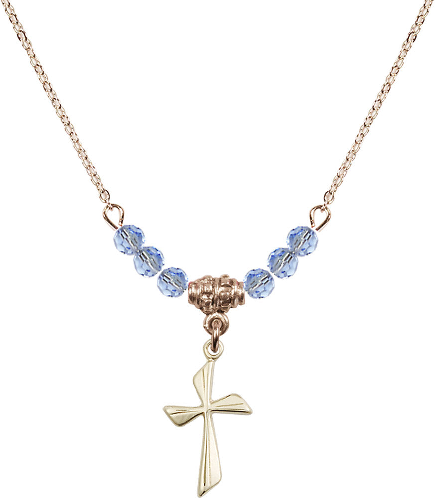 14kt Gold Filled Cross Birthstone Necklace with Light Sapphire Beads - 0016